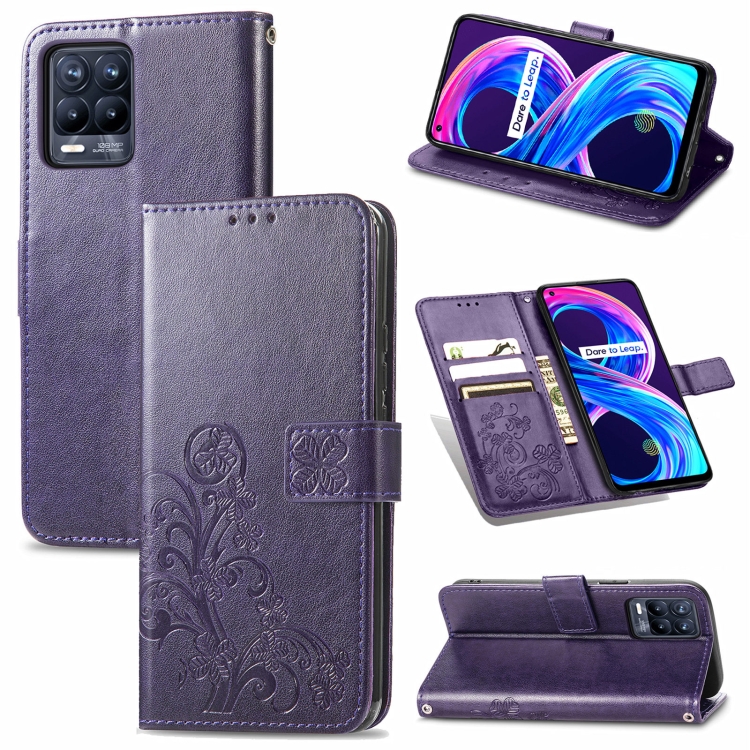 

For OPPO Realme Q3 5G / Realme Q3i 5G Four-leaf Clasp Embossed Buckle Mobile Phone Protection Leather Case with Lanyard & Card Slot & Wallet & Bracket Function(Purple)