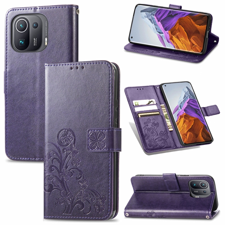 

For Xiaomi Mi 11 Pro Four-leaf Clasp Embossed Buckle Mobile Phone Protection Leather Case with Lanyard & Card Slot & Wallet & Bracket Function(Purple)