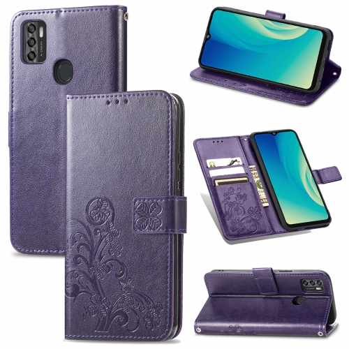 

For ZTE A7S 2020 Four-leaf Clasp Embossed Buckle Mobile Phone Protection Leather Case with Lanyard & Card Slot & Wallet & Bracket Function(Purple)