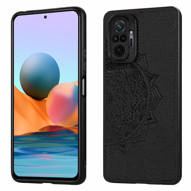 

For Xiaomi Redmi Note 10 Pro Mandala Embossed Cloth Cover PC + TPU Mobile Phone Case with Magnetic Function and Hand Strap(Black)