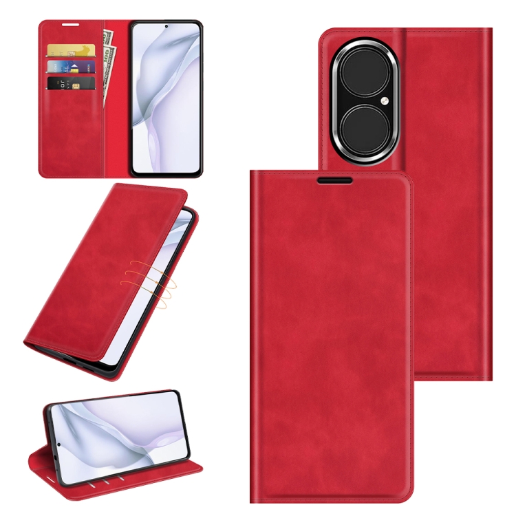 

For Huawei P50 Retro-skin Business Magnetic Suction Leather Case with Holder & Card Slots & Wallet(Red)