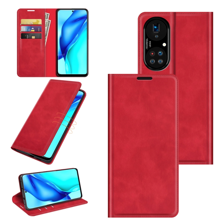 

For Huawei P50 Pro Retro-skin Business Magnetic Suction Leather Case with Holder & Card Slots & Wallet(Red)