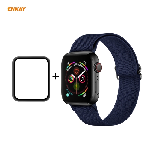 

For Apple Watch Series 6/5/4/SE 40mm Hat-Prince ENKAY 2 in 1 Adjustable Flexible Polyester Wrist Watch Band + Full Screen Full Glue PMMA Curved HD Screen Protector(Dark Blue)