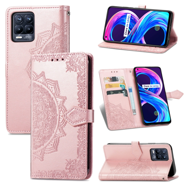 

For OPPO Realme 8 5G / Realme V13 5G Mandala Embossing Pattern Horizontal Flip Leather Case with Holder & Card Slots & Wallet & Lanyard(Rose Gold)