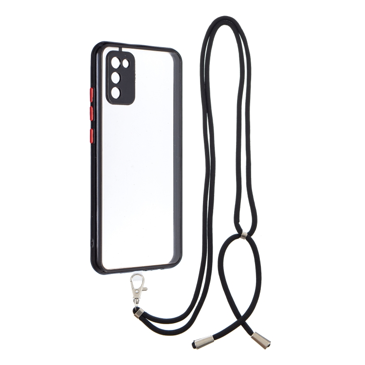

For Samsung Galaxy A02s (EU Version) Transparent PC+TPU Phone Case with Contrast Color Button & Neck Lanyard(Black)