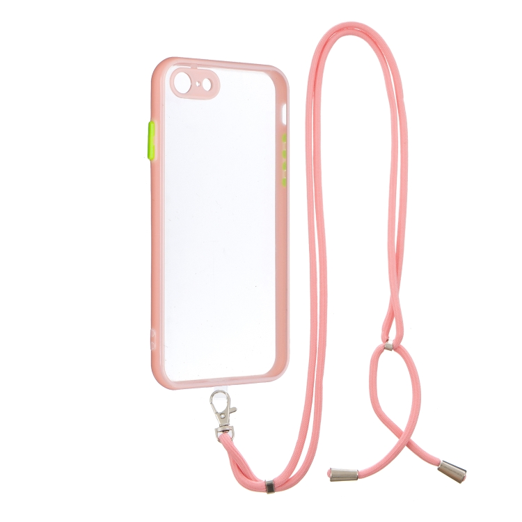 

Transparent PC+TPU Phone Case with Contrast Color Button & Neck Lanyard For iPhone 7/8/SE 2020(Pink)