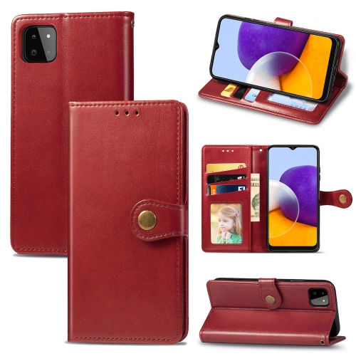 

For Samsung Galaxy A22 5G Solid Color Leather Buckle Phone Case with Lanyard & Photo Frame & Card Slot & Wallet & Stand Function(Red)