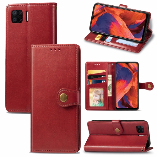 

For OPPO F17 Solid Color Leather Buckle Phone Case with Lanyard & Photo Frame & Card Slot & Wallet & Stand Function(Red)