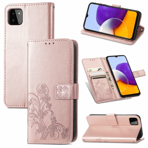 

For Samsung Galaxy A22 5G Four-leaf Clasp Embossed Buckle Mobile Phone Protection Leather Case with Lanyard & Card Slot & Wallet & Bracket Function(Rose Gold)