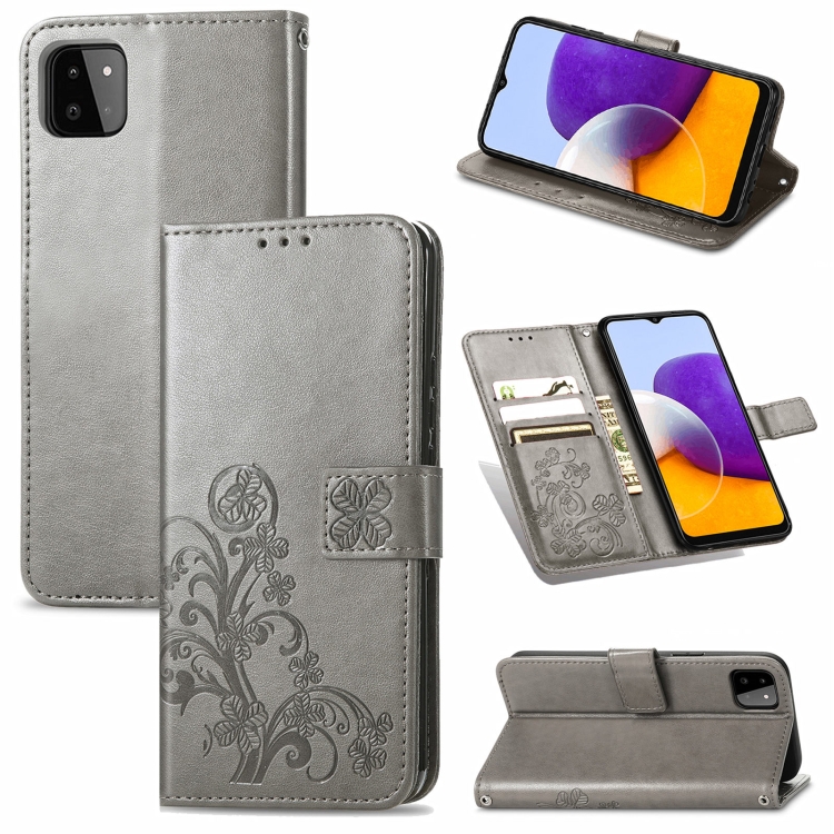 

For Samsung Galaxy A22 5G Four-leaf Clasp Embossed Buckle Mobile Phone Protection Leather Case with Lanyard & Card Slot & Wallet & Bracket Function(Gray)