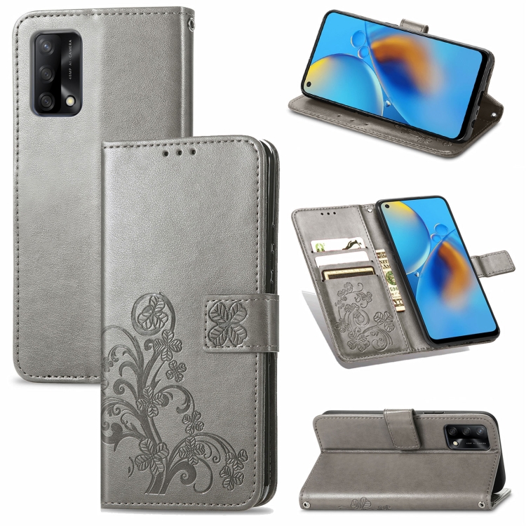 

For OPPO F19 Four-leaf Clasp Embossed Buckle Mobile Phone Protection Leather Case with Lanyard & Card Slot & Wallet & Bracket Function(Gray)