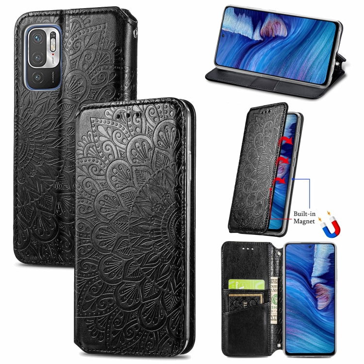 

For Xiaomi Redmi Note 10 5G Blooming Mandala Embossed Pattern Magnetic Horizontal Flip Leather Case with Holder & Card Slots & Wallet(Black)