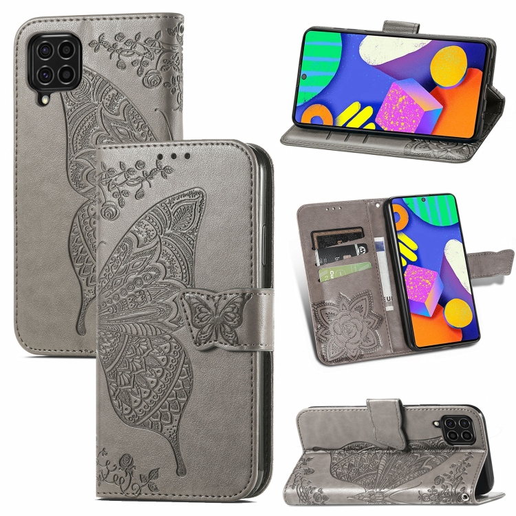 

For Samsung Galaxy F62 Butterfly Love Flowers Embossed Horizontal Flip Leather Case with Holder & Card Slots & Wallet & Lanyard(Grey)