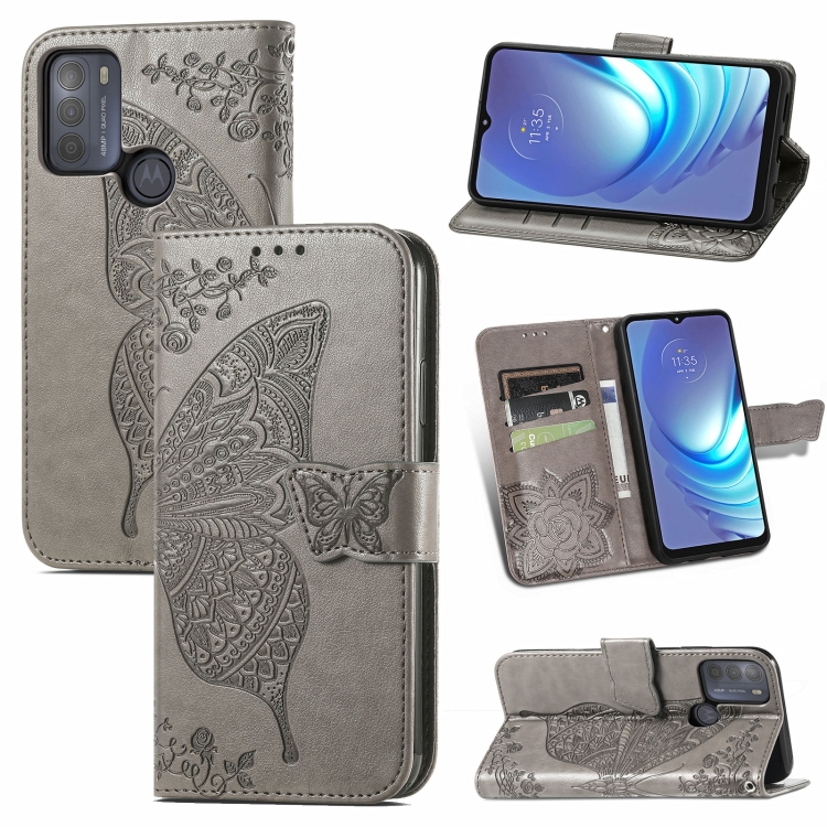 

For Motorola Moto G50 Butterfly Love Flowers Embossed Horizontal Flip Leather Case with Holder & Card Slots & Wallet & Lanyard(Grey)