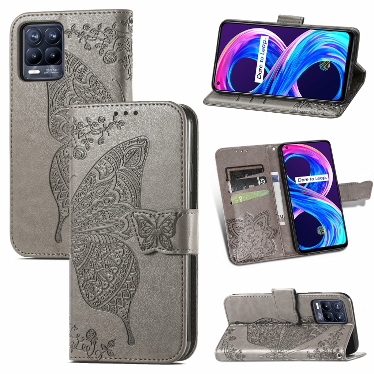 

For OPPO Realme 8 / 8 Pro Butterfly Love Flowers Embossed Horizontal Flip Leather Case with Holder & Card Slots & Wallet & Lanyard(Grey)