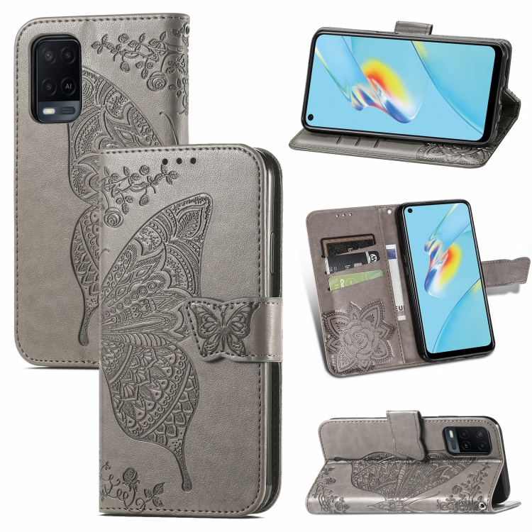 

For OPPO A54 4G Butterfly Love Flowers Embossed Horizontal Flip Leather Case with Holder & Card Slots & Wallet & Lanyard(Grey)