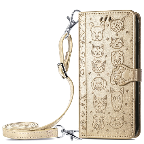 

For Samsung Galaxy A22 4G Cute Cat and Dog Embossed Horizontal Flip Leather Case with Holder & Card Slots & Wallet & Crossbody Lanyard & Card Cover(Gold)