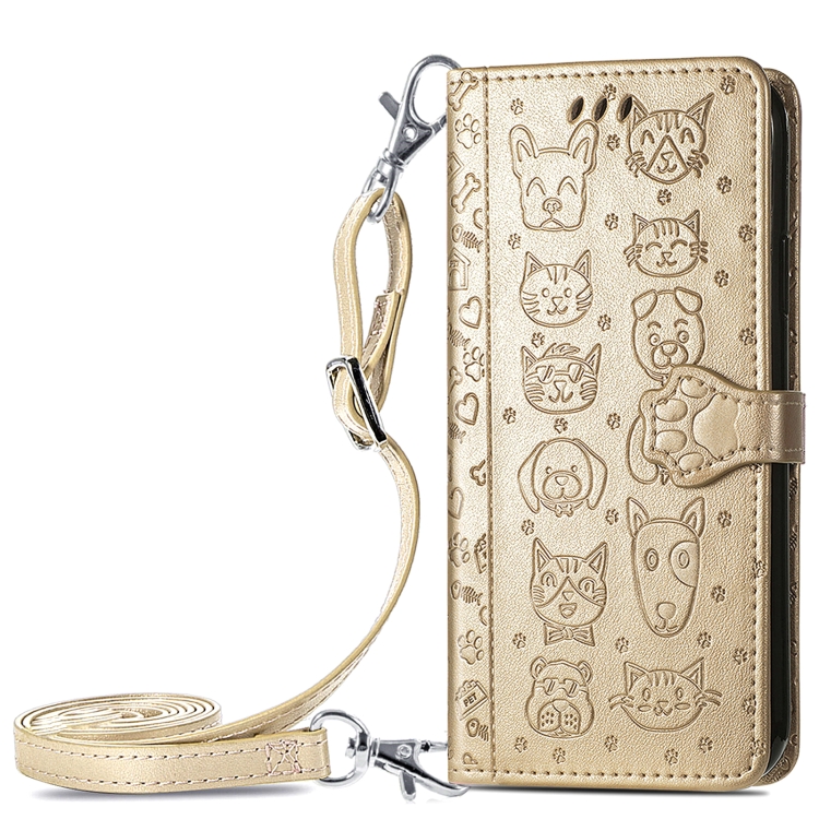 

For Samsung Galaxy M21s /F41/M31 Cute Cat and Dog Embossed Horizontal Flip Leather Case with Holder & Card Slots & Wallet & Crossbody Lanyard & Card Cover(Gold)