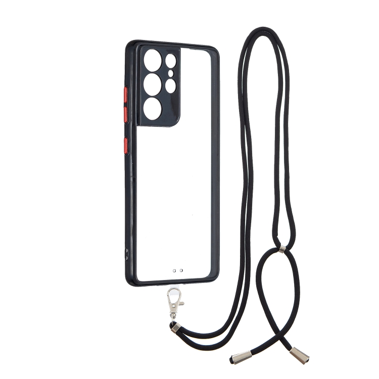 

Transparent PC+TPU Phone Case with Contrast Color Button & Neck Lanyard For Samsung Galaxy S21 Ultra 5G(Black)