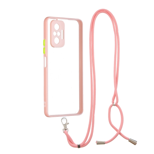 

For Xiaomi Redmi Note 10 Pro / Note 10 Pro Max Transparent PC+TPU Phone Case with Contrast Color Button & Neck Lanyard(Pink)