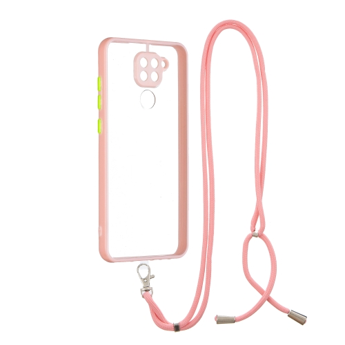 

For Xiaomi Redmi Note 9 / Redmi 10X 4G Transparent PC+TPU Phone Case with Contrast Color Button & Neck Lanyard(Pink)