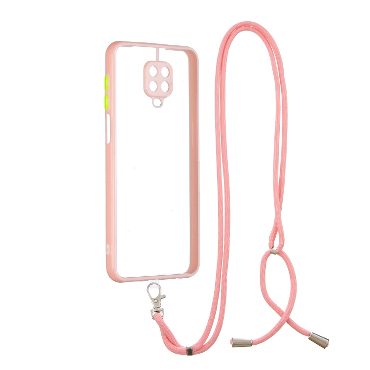 

For Redmi Note 9 Pro/ Note 9S / Note 9 Pro Max Transparent PC+TPU Phone Case with Contrast Color Button & Neck Lanyard(Pink)