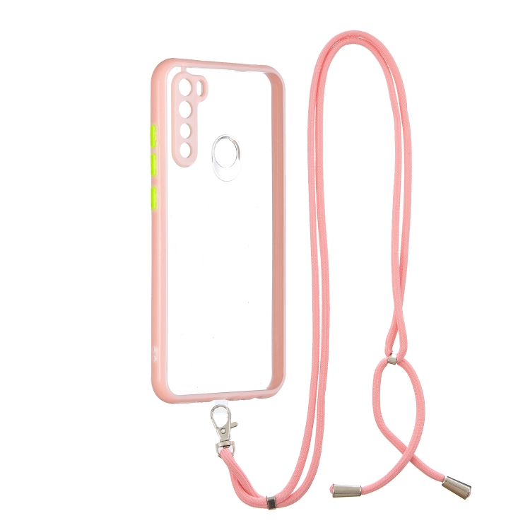 

For Xiaomi Redmi Note 8 Transparent PC+TPU Phone Case with Contrast Color Button & Neck Lanyard(Pink)