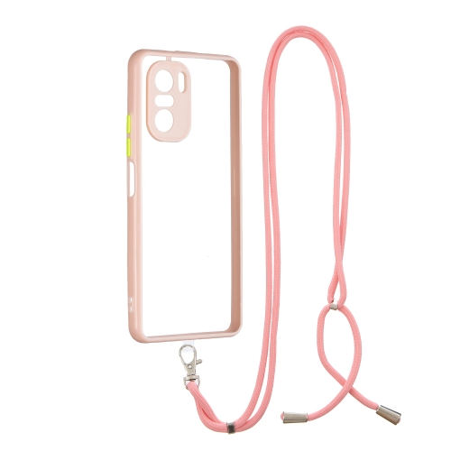 

For Xiaomi Redmi K40 / K40 Pro Transparent PC+TPU Phone Case with Contrast Color Button & Neck Lanyard(Pink)