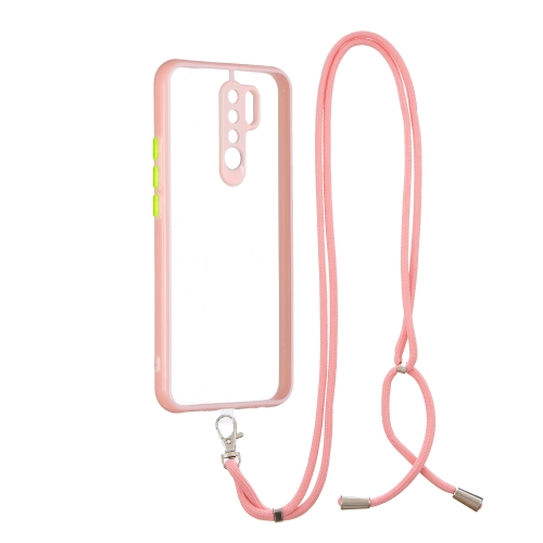 

For Xiaomi Redmi 9 / Redmi 9 Prime/Poco M2 Transparent PC+TPU Phone Case with Contrast Color Button & Neck Lanyard(Pink)