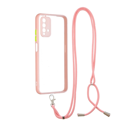 

For Xiaomi Redmi 9T Transparent PC+TPU Phone Case with Contrast Color Button & Neck Lanyard(Pink)
