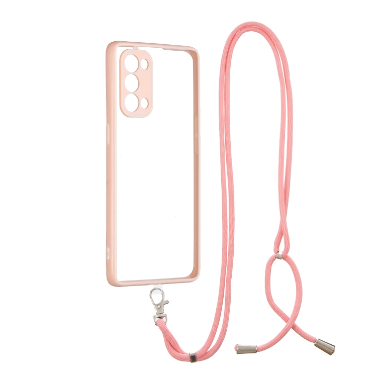 

For OPPO Reno 5 Pro Transparent PC+TPU Phone Case with Contrast Color Button & Neck Lanyard(Pink)