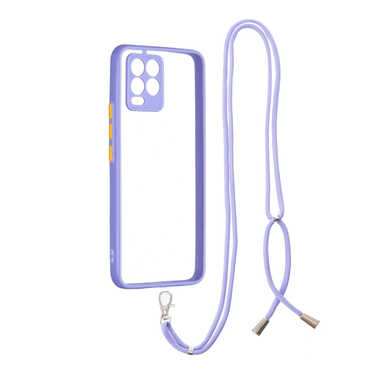 

For OPPO Realme 8 / 8 Pro Transparent PC+TPU Phone Case with Contrast Color Button & Neck Lanyard(Purple)