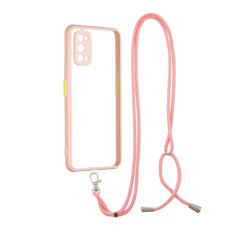 

For OPPO Realme 7 Pro Transparent PC+TPU Phone Case with Contrast Color Button & Neck Lanyard(Pink)