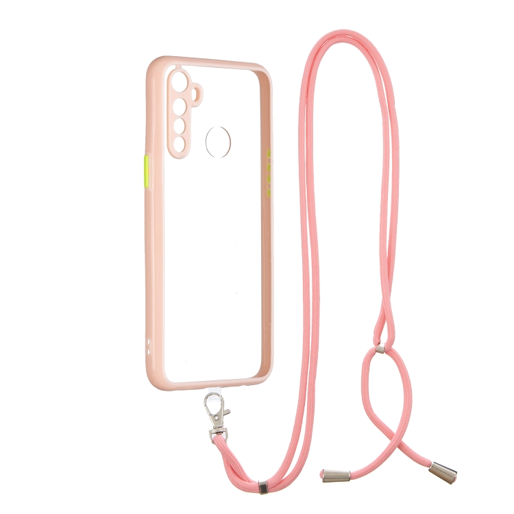 

For OPPO Realme 5 / 5i / 5S Transparent PC+TPU Phone Case with Contrast Color Button & Neck Lanyard(Pink)
