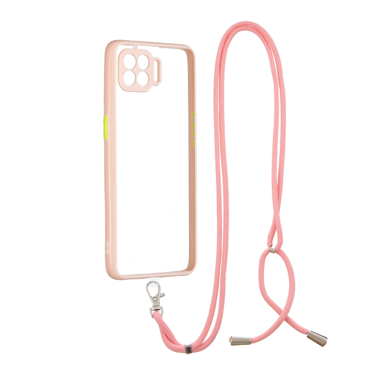 

For OPPO F17 Pro / A93 / Reno4 Lite / Reno4 F Transparent PC+TPU Phone Case with Contrast Color Button & Neck Lanyard(Pink)