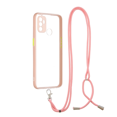 

For OPPO A53 2020 / A33 2020 / A32 2020 Transparent PC+TPU Phone Case with Contrast Color Button & Neck Lanyard(Pink)
