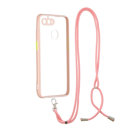 

For OPPO A5S / A7 / A12 / A11K Transparent PC+TPU Phone Case with Contrast Color Button & Neck Lanyard(Pink)
