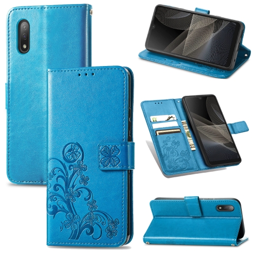 

For Sony Xperia Ace II Four-leaf Clasp Embossed Buckle Mobile Phone Protection Leather Case with Lanyard & Card Slot & Wallet & Bracket Function(Blue)