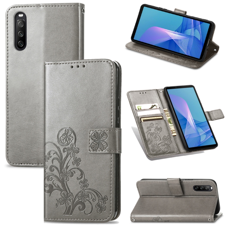 

For Sony Xperia 10 III Four-leaf Clasp Embossed Buckle Mobile Phone Protection Leather Case with Lanyard & Card Slot & Wallet & Bracket Function(Gray)