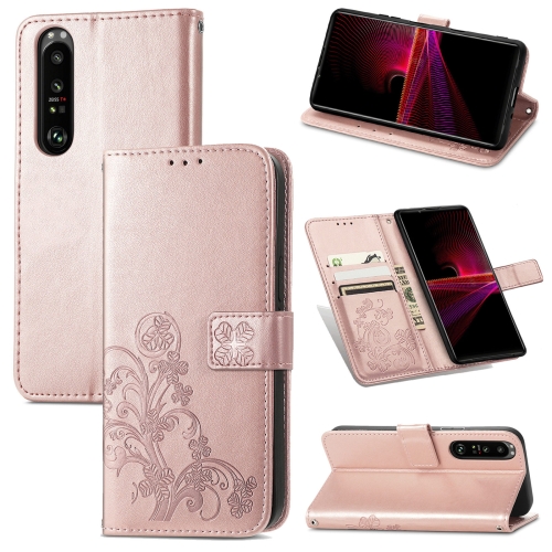 

For Sony Xperia 1 III Four-leaf Clasp Embossed Buckle Mobile Phone Protection Leather Case with Lanyard & Card Slot & Wallet & Bracket Function(Rose Gold)