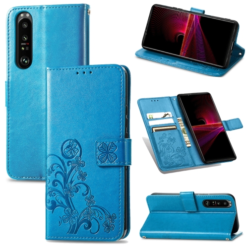

For Sony Xperia 1 III Four-leaf Clasp Embossed Buckle Mobile Phone Protection Leather Case with Lanyard & Card Slot & Wallet & Bracket Function(Blue)