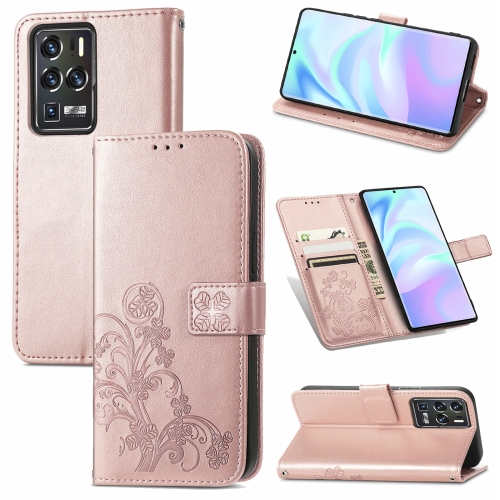 

For ZTE Axon 30 Ultra 5G Four-leaf Clasp Embossed Buckle Mobile Phone Protection Leather Case with Lanyard & Card Slot & Wallet & Bracket Function(Rose Gold)