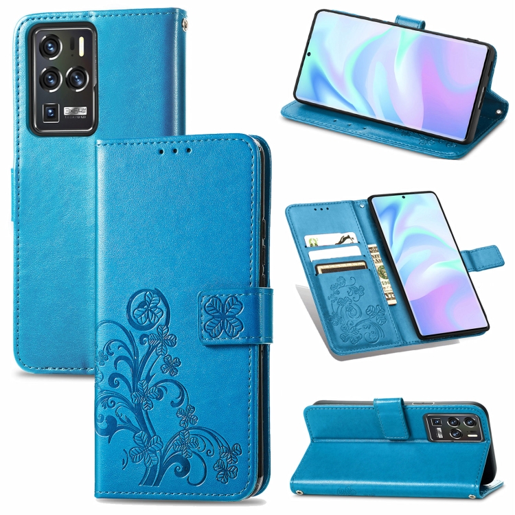 

For ZTE Axon 30 Ultra 5G Four-leaf Clasp Embossed Buckle Mobile Phone Protection Leather Case with Lanyard & Card Slot & Wallet & Bracket Function(Blue)