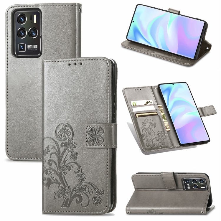 

For ZTE Axon 30 Ultra 5G Four-leaf Clasp Embossed Buckle Mobile Phone Protection Leather Case with Lanyard & Card Slot & Wallet & Bracket Function(Gray)