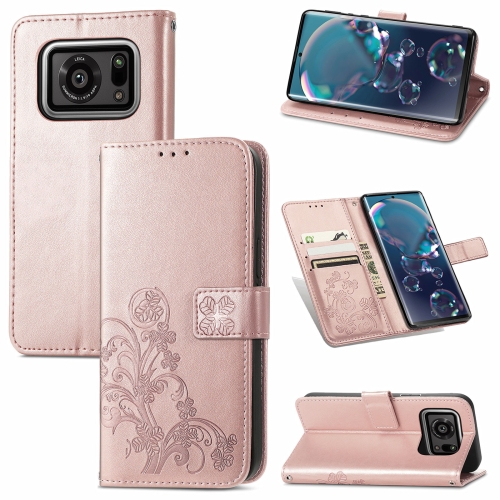 

For Sharp R6 Four-leaf Clasp Embossed Buckle Mobile Phone Protection Leather Case with Lanyard & Card Slot & Wallet & Bracket Function(Rose Gold)