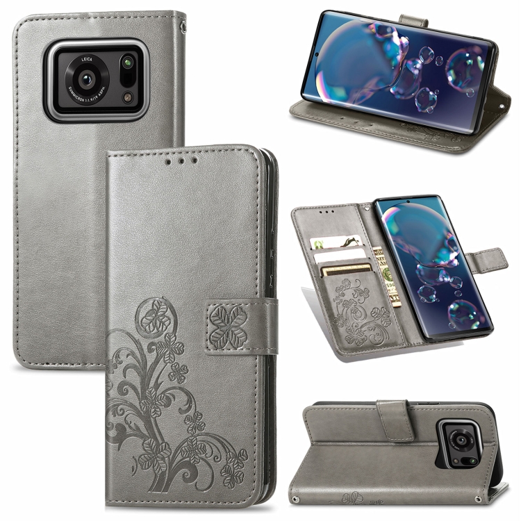 

For Sharp R6 Four-leaf Clasp Embossed Buckle Mobile Phone Protection Leather Case with Lanyard & Card Slot & Wallet & Bracket Function(Gray)