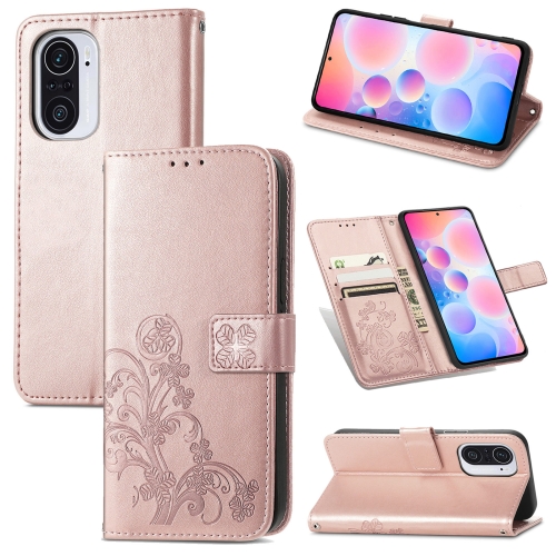 

For Xiaomi Redmi K40 / K40 Pro Four-leaf Clasp Embossed Buckle Mobile Phone Protection Leather Case with Lanyard & Card Slot & Wallet & Bracket Function(Rose Gold)