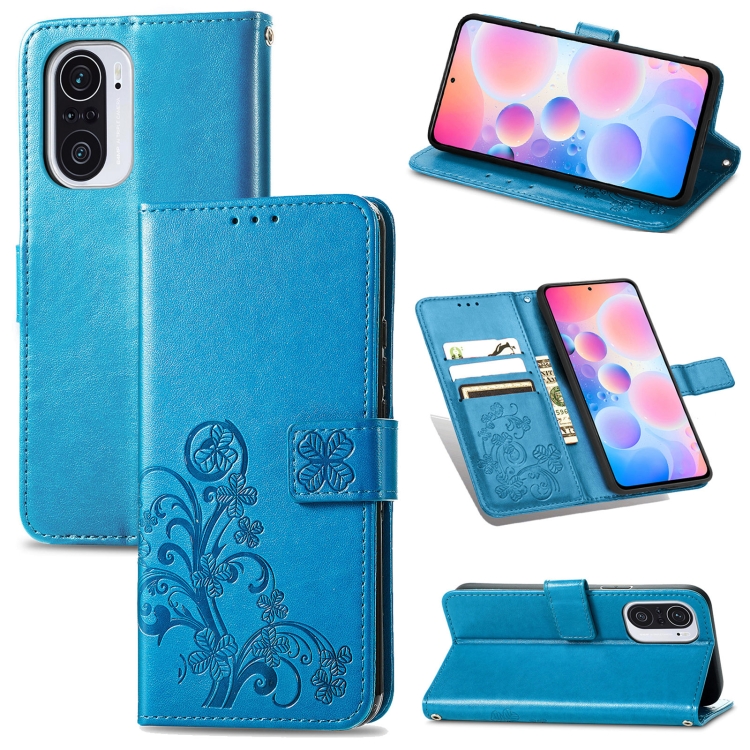 

For Xiaomi Redmi K40 / K40 Pro Four-leaf Clasp Embossed Buckle Mobile Phone Protection Leather Case with Lanyard & Card Slot & Wallet & Bracket Function(Blue)