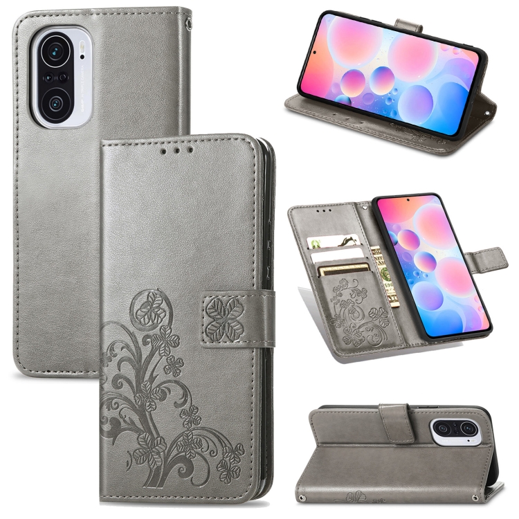 

For Xiaomi Redmi K40 / K40 Pro Four-leaf Clasp Embossed Buckle Mobile Phone Protection Leather Case with Lanyard & Card Slot & Wallet & Bracket Function(Gray)