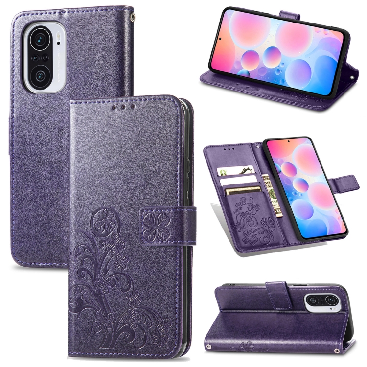 

For Xiaomi Redmi K40 / K40 Pro Four-leaf Clasp Embossed Buckle Mobile Phone Protection Leather Case with Lanyard & Card Slot & Wallet & Bracket Function(Purple)
